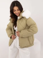 Olive quilted winter jacket with fur