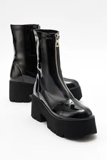 LuviShoes OVİL Black Patent Leather Thick Sole Women's Boots With Zipper