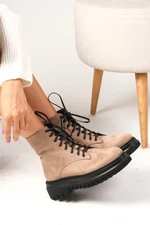 Mio Gusto Alex Beige Color Suede Lace Up and Zipper Thick Soled Women's Boots