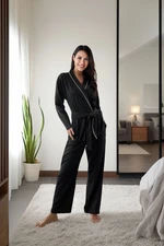 Trendyol Black Belted Brushed Soft Ribbed Piping and Double Breasted Detailed Knitted Pajama Set