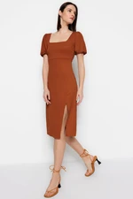 Trendyol Cinnamon Square Neck Balloon Sleeve A-Line Slit Detailed Midi Knitted Dress