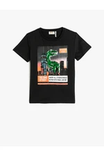 Koton Short Sleeved T-Shirt Crew Neck Dinosaur Print Cotton