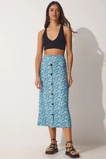 Happiness İstanbul Women's Blue Floral Buttoned Summer Knitted Skirt