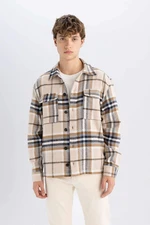 DEFACTO Men's Beige Relax Fit Casual Cut Polo Collar Plaid Lumberjack Flannel Long Sleeve Shirt