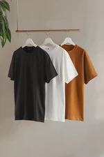 Trendyol Dark Brown-Orange-Ecru Basic Slim/Slim Cut 100% Cotton 3-Pack T-Shirt