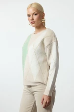 Trendyol Stone Soft Textured Diamond Patterned Crew Neck Knitwear Sweater