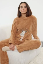 Trendyol Light Brown Animal Embroidered Wellsoft Knitted Pajama Set