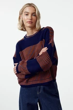 Trendyol Navy Blue Wide Cut Striped Knitted Sweater