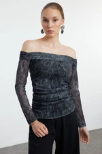 Trendyol Anthracite Printed Tulle Bateau Neck Fitted Stretchy Knitted Blouse