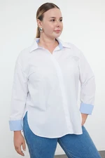 Trendyol Curve White Basic Blue Double Cuffed Double Woven Plus Size Shirt