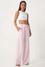 Happiness İstanbul Women's Light Pink Loose Cut Linen Trousers