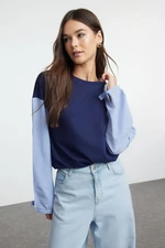 Trendyol Navy Blue Poplin Detailed Relaxed Knitted Blouse