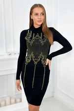 Knitted dress with a gold pattern of cubic zirconia in black color