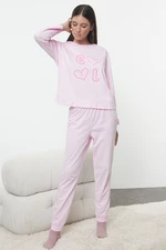 Trendyol Pink 100% Cotton Slogan Heart Knitted Pajamas Set