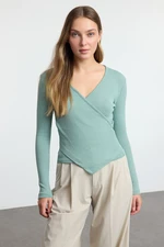 Trendyol Mint Fitted Double Breasted Neck Long Sleeve Ribbed Stretchy Knitted Blouse