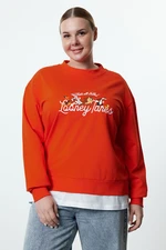 Trendyol Curve Red Looney Tunes Licensed Crew Neck Knitted Plus Size Sweatshirt