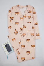 Trendyol Curve Ecru Teddy Bear Patterned Shirt Collar Knitted Pajama Set