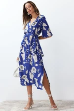 Trendyol Blue Belted Floral Print A-line Double-breasted Collar Midi Woven Dress