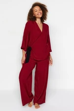 Trendyol Curve Burgundy Double Breasted Collar Tied Woven Pajamas Set