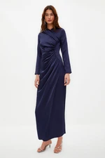 Trendyol Navy Blue Gather Detailed Woven Satin Evening Dress