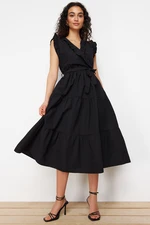 Trendyol Black Belted A-line Double-breasted Collar Midi Woven Dress