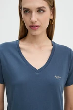 Bavlnené tričko Pepe Jeans FIORE V NECK dámske, tmavomodrá farba, PL505948