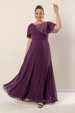 By Saygı Wide Size Range Damson Long Plus Size Chiffon Front Beaded Embroidered Lining