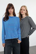 Trendyol Black-Navy Blue 2 Pack Striped Regular/Normal Pattern Knitted T-Shirt