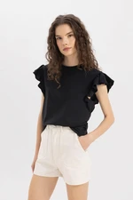 DEFACTO 100% Cotton Regular Cut Crew Neck Ruffle Detail Short Sleeve T-Shirt