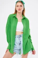 armonika Women's Green Oversize Textured Linen Look Wide Cuff Shirt