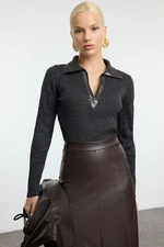 Trendyol Anthracite Ribbed Polo Neck Knitted Sweater