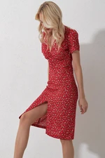 Trend Alaçatı Stili Women's Red V-Neck Front Knotted Floral Pattern Woven Dress