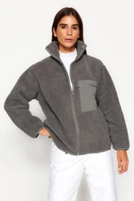 Trendyol Winter Essentials Anthracite Thick Fleece Zippered Stand-Up Collar Pocket Knitted Sweatshirt