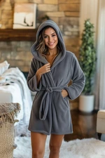 Trendyol Gray Belted Back Slogan Detailed Hooded Wellsoft Winter Knitted Dressing Gown