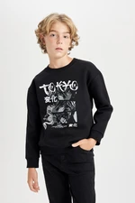 DEFACTO Boy Black Oversize Wide Pattern Crew Neck Printed Sweatshirt