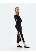 Koton Midi Dress Ribbed Boat Neck Slit Detail Slim Fit Long Sleeve