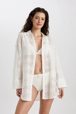 DEFACTO Fall In Love Cotton Hole Embroidered White Beach Shirt