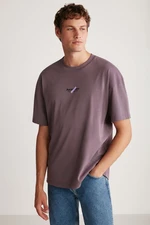 GRIMELANGE Jake Men's 100% Organic Cotton Thick Textured Fabric Printed Detail Oversize Purple T-shirt