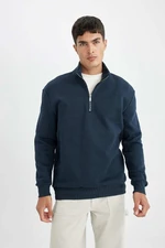 DEFACTO Men's Navy Blue Comfort Fit Stand Collar Zippered Thick Basic Plain Sweatshirt