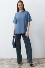 Trendyol Indigo 100% Cotton Double Sleeve Asymmetrical Boyfriend Knitted T-Shirt