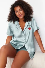 Trendyol Curve Mint Strawberry Embroidered Shirt Collar Satin Pajama Set