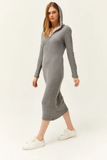 Olalook Women's Smoked Zippered Hooded Thick Ribbed Midi Dress Elb- 19002028