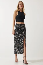 Happiness İstanbul Women's Black Patterned Gathered Midi Skirt