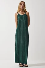 Happiness İstanbul Women's Emerald Green Strappy Summer Pleated Dress