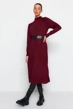 Trendyol Plum Faux Leather Standing Knitwear Dress With Belt