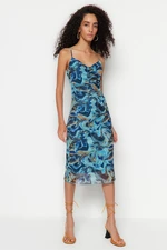 Trendyol Blue Patterned Gathered Tulle Stretchy Knitted Dress