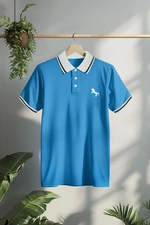 Trendyol Blue Slim/Narrow Cut Horse Embroidered 100% Cotton Polo Neck T-Shirt