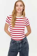 Trendyol Red Striped Viscose/Soft Fabric Body-Fitting Stretch Knitted Blouse