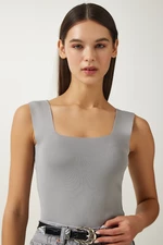 Happiness İstanbul Women's Gray Square Neck Knitwear Crop Blouse
