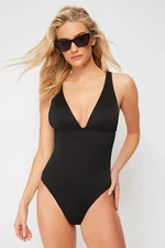 Trendyol Black V-Neck Textured Regular Swimsuit